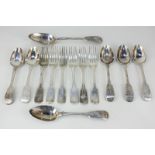 A part canteen of Victorian silver fiddle pattern forks and spoons, maker John & Henry Lias,