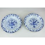 Two Chinese porcelain blue and white plates, each with central panel depicting a vase of blossom,