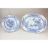 A Chinese blue and white dish, rectangular shape with cut corners, decorated in deer and flowers,