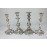 Two pairs of silver plated candlesticks, one pair Art Nouveau style, 26cm high, (a/f - one missing