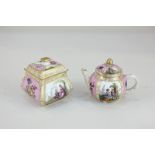 A Dresden miniature porcelain teapot and a trinket box, 6cm, in matching pink and gilt panelled