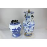 A Chinese blue and white crackle glaze baluster vase, now as a table lamp, depicting warriors