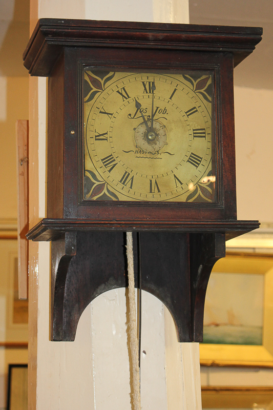 A 19th century wall clock with painted 8 inch square dial marked Jos Job, Hastings