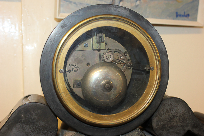 A Victorian slate mantel clock with white enamel and brass dial, in drum shape case with scroll - Image 3 of 3