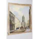 19th century school, street scene with figures in subfusc, spire beyond, possibly Oxford,