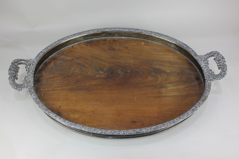 A Victorian silver plate mounted oval rosewood tea tray with two handles (a/f), 64cm long