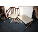 An Art Nouveau corner chair, slatted back with inlaid floral motifs, and an X-framed stool with