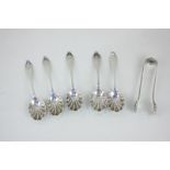 A set of five Edward VII silver coffee spoons with shell shape bowls, and matched tongs, maker James