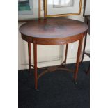 An Edwardian Sheraton Revival painted satinwood oval side table decorated with pink roses and swags,
