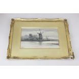 19th century school, Dutch landscape view of windmill across water at twilight, watercolour,