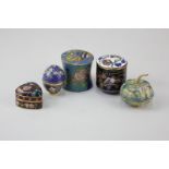 A collection of five various Cloisonné dressing table boxes including a blue cylindrical shape