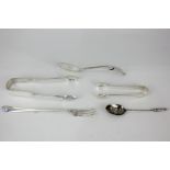 A pair of Victorian silver fiddle pattern sugar tongs, maker Charles Boyton, London 1850, another