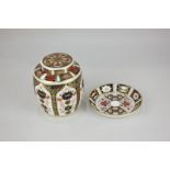 A Royal Crown Derby porcelain Imari pattern jar and cover with similar Royal Crown Derby dish, (LC)