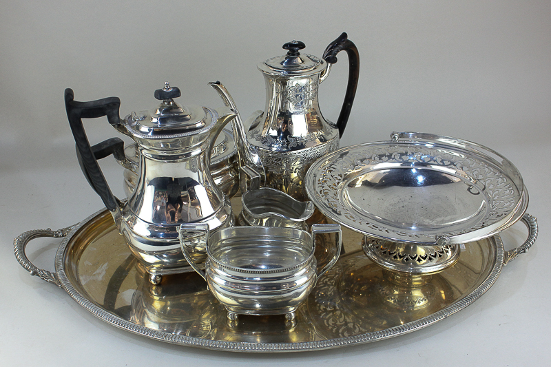 A Harrods silver plated tea service comprising teapot, hot water jug, sugar bowl and milk jug,