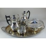 A Harrods silver plated tea service comprising teapot, hot water jug, sugar bowl and milk jug,