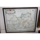 A Robert Morden (1650-1703) coloured map of Surrey, 38cm by 44.5cm