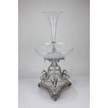 A Victorian silver plated and cut glass centrepiece with trumpet shaped vase over cut glass bowl,