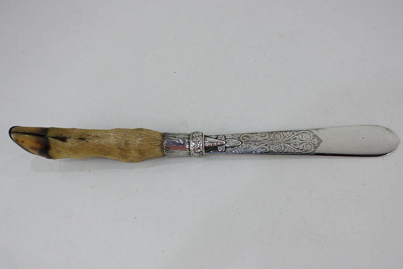 A Scottish silver plate mounted deer's foot letter opener, the blade marked Aitchison, 31cm long