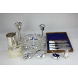 A collection of silver plated items to include a tankard, two goblets, a hip flask, cruet set,