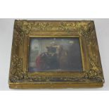 Late 18th/early 19th century school, knight kneeling before a lady, oil on panel, 12cm by 16cm