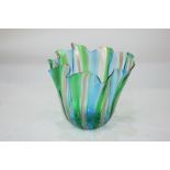 A Venetian fine glass scalloped bowl, with blue, green and gold inclusions line design, label to