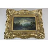 19th century school, moonlit scene with figure before a ruined castle, river and cattle, oil on