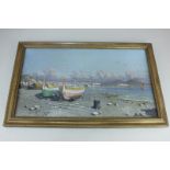 Italian school, coastal view of the Bay of Naples, boats foreground, Mount Vesuvius beyond, oil on