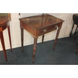 A 19th century rectangular mahogany side table with single drawer and gilt metal trim, on turned