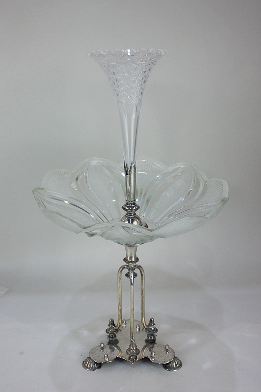 A silver and pressed glass centrepiece with a replacement cut glass funnel (a/f), on flower petal