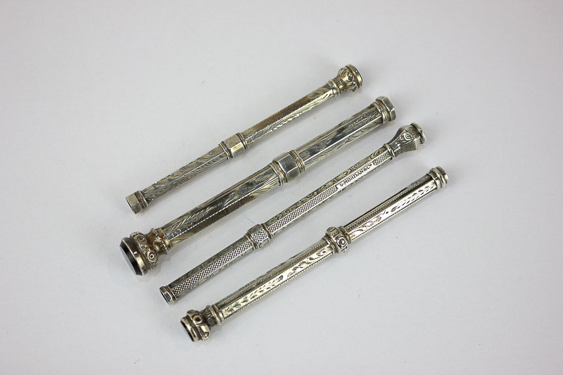 An S Mordan Victorian propelling pencil, hexagonal form with hardstone terminal and engraved