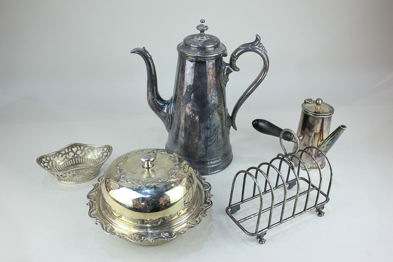 A silver plated crumpet dish and cover, a James Dixon coffee pot, a chocolate pot, toast rack, a