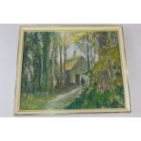 Ronald Ossory Dunlop (1894-1973), figure before a house amongst woodland, oil on board, signed, 19.