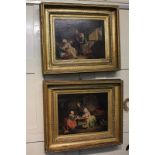 19th century school, a pair of genre paintings depicting interior scenes, young couple and old woman
