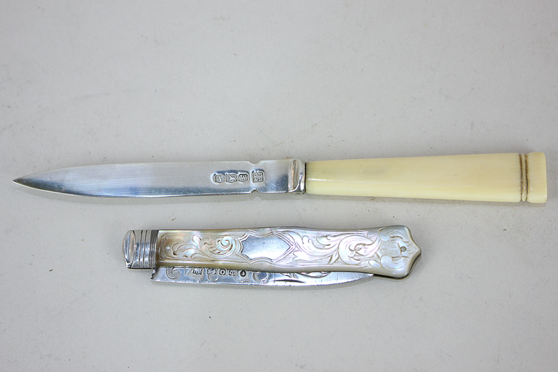 A Victorian silver bladed mother of pearl fruit knife and a letter opener