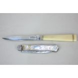 A Victorian silver bladed mother of pearl fruit knife and a letter opener