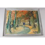 Ronald Ossory Dunlop (1894-1973), scene of figure on path amongst trees, oil on canvas, signed, 30cm