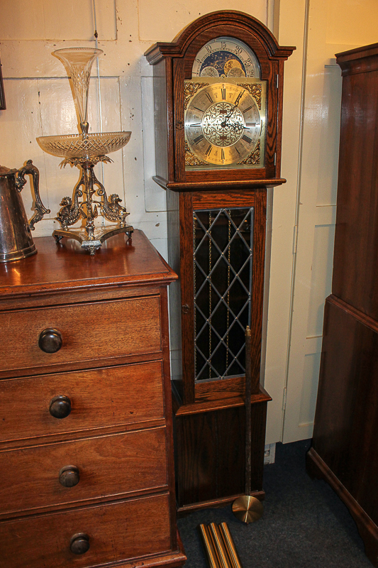 A Fenclocks reproduction chiming long case clock, 11 inch arched dial with moon phases, marked ' - Image 2 of 3