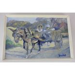 Ronald Ossory Dunlop (1894-1973), couple riding in a pony and trap, oil on board, signed, 19.5cm