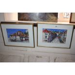 20th century European School, two hand coloured prints of a Continental street scene and view of a