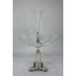 A silver and pressed glass centrepiece with a replacement cut glass funnel (a/f), on flower petal