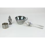 A Continental silver cup with scroll handle and engraved floral panel, 9cm, a pair of sterling