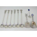 Two Dutch 900 silver sugar shovels, a Chilean with metal coffee spoon with blue hardstone finial,