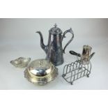 A silver plated crumpet dish and cover, a James Dixon coffee pot, a chocolate pot, toast rack, a