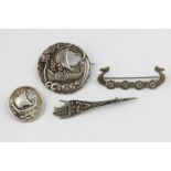 A Scottish silver Viking ship brooch, Glasgow hallmark for 1949, and three other Scottish silver