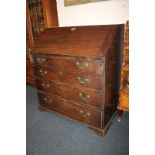 A George III mahogany bureau, with fall enclosing fitted interior, above four graduated drawers,