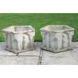 A pair of garden planters, hexagonal shape, decorated with medieval style figures and columns, 44cm