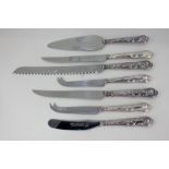 A matched set of six King's pattern silver handled knives comprising a bread knife, two cheese