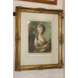 A gilt framed colour print depicting a young lady in 18th century dress, signed in pencil
