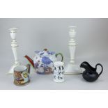 A pair of Copeland china baluster candlesticks, a Masons teapot (a/f), a jug, a vase (a/f), and a