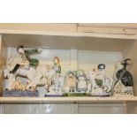 A collection of five Rye pottery figures including two Canterbury Tales figures on horseback and a